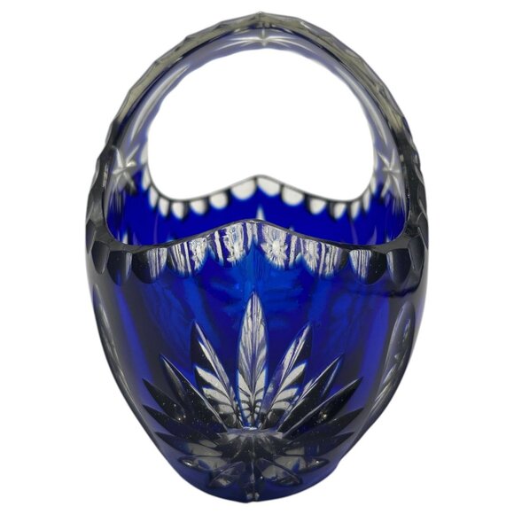 Vintage Cristal 24% Pbo Handmade Cobalt Blue Glass Basket Heavy Lead Crystal - Picture 3 of 14